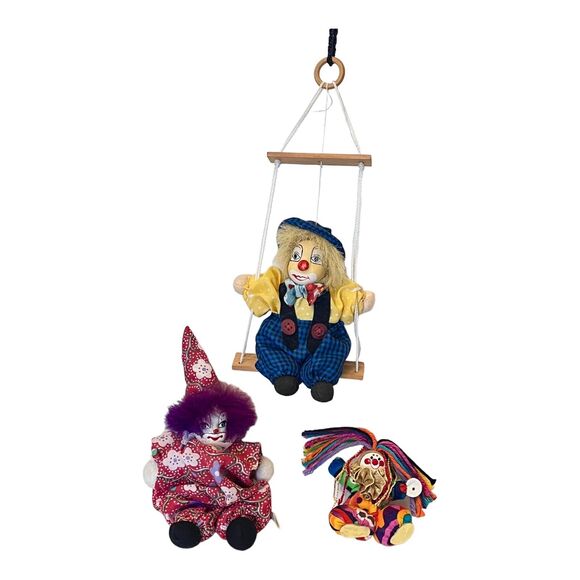 Set (3) CLOWN FIGURINES 8.5" Wooden Swing Ceramic & Wood Heads Cloth Body Yarn + - Picture 1 of 7